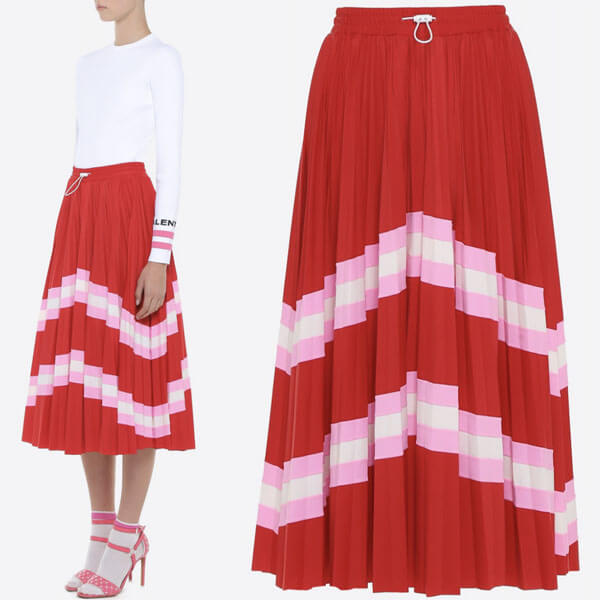 ヴァレンティノVALENTINO スカート レッド マルチ V964 LYCRA PLEATED SKIRT WITH STRIPE PANEL PB3MD00B3U4