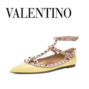 2019最新作 Valentino ヴァレンティノスーパーコピー ロックスタッズ レザーフラット イエロー Rockstuds Leather Flats Water Yellow IW0S0376 VOD