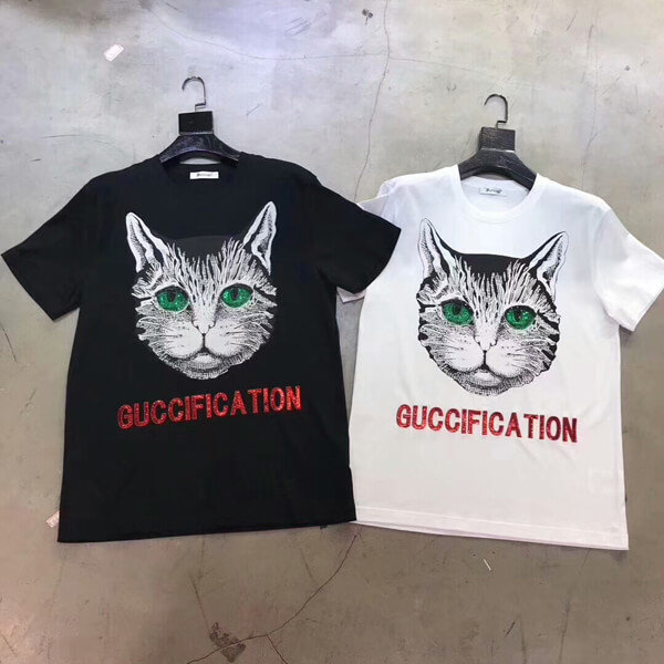 注目度NO.1 グッチスーパーコピー グッチ ミスティックキャット ロゴ入りコットン White Tシャツ