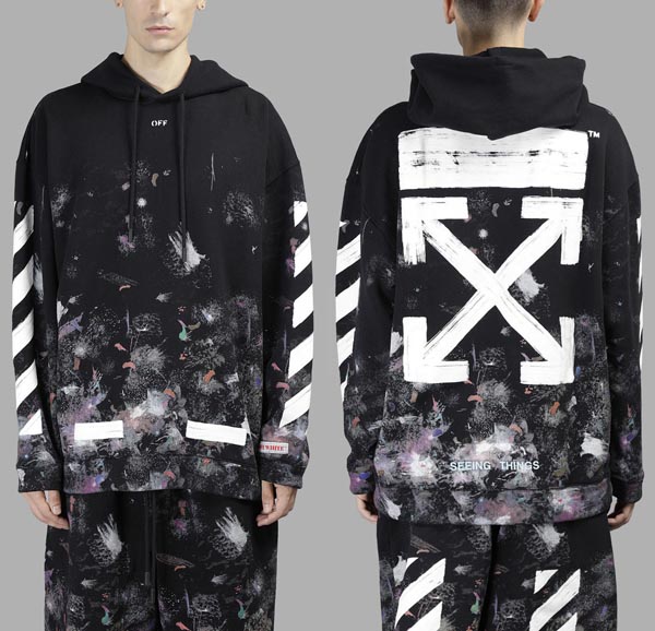 オフホワイト ギャラクシー偽物 Off-White ギャラクシー柄プルオーバーフードパーカー ブラック 東京HOODIE PARKA 芸能人