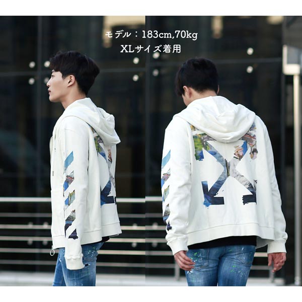 【OFFWHITE】日本完売!ホワイト オフ ホワイト パーカー レプリカ 19SS/DIAG ARROWS ZIP HOODIE/White/Black 激安