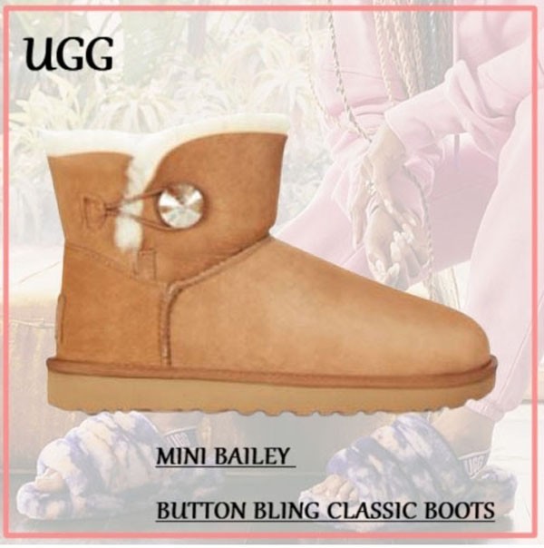 【 UGG(アグ)ショートブーツコピー ミニ ベイリーボタン ブリング 】Chestnut/Gold