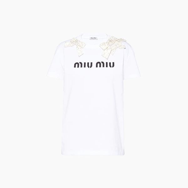 ☆大人気☆【MIU MIU 偽物】刺繍入り ジャージー Tシャツ リボン MJN2921YMTF072K