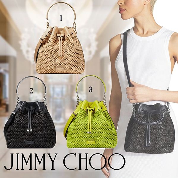 JIMMY CHOO 偽物★かご ラフィア ボンボンバケット 2way バッグ 3色 BONBONBUCKETVQU