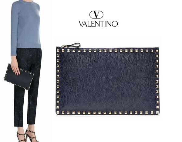 18SS☆Valentino ヴァレンティノスーパーコピー☆ レザーロックスタッズクラッチ/ネイビー