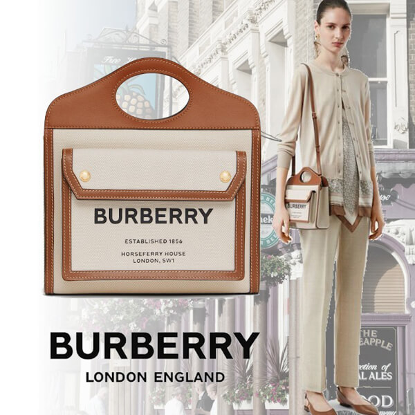 2020SS BURBERRY（バーバリー ポケットバッグ コピー）ミディアム ツートン キャンバス＆レザーバッグ