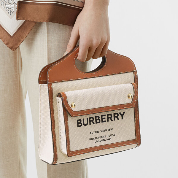 2020SS BURBERRY（バーバリー ポケットバッグ コピー）ミディアム ツートン キャンバス＆レザーバッグ