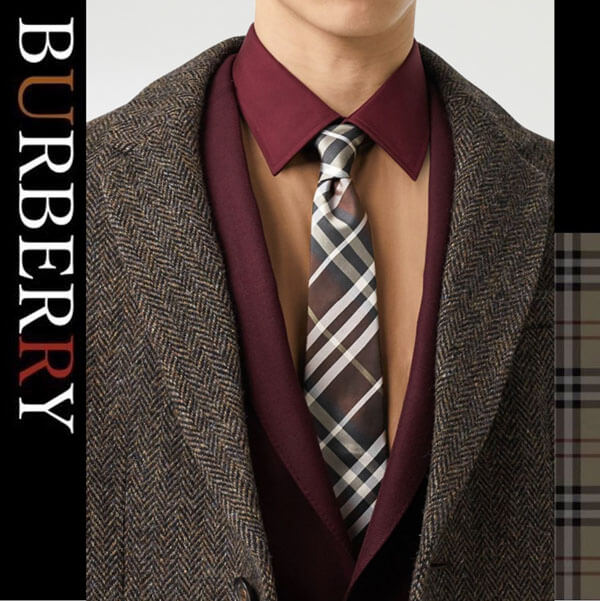 【BURBERRY】ブラウン レッド シルク チェックネクタイ