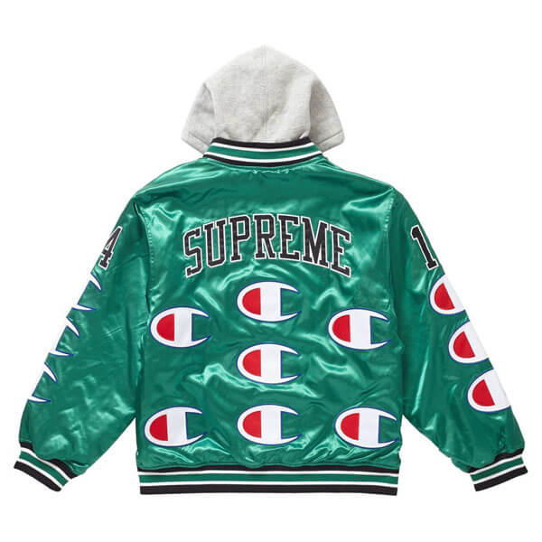 シュプリーム champion 偽物 シュプリーム ボックス ロゴ パーカー Hooded Satin Varsity Jacket Kelly Green